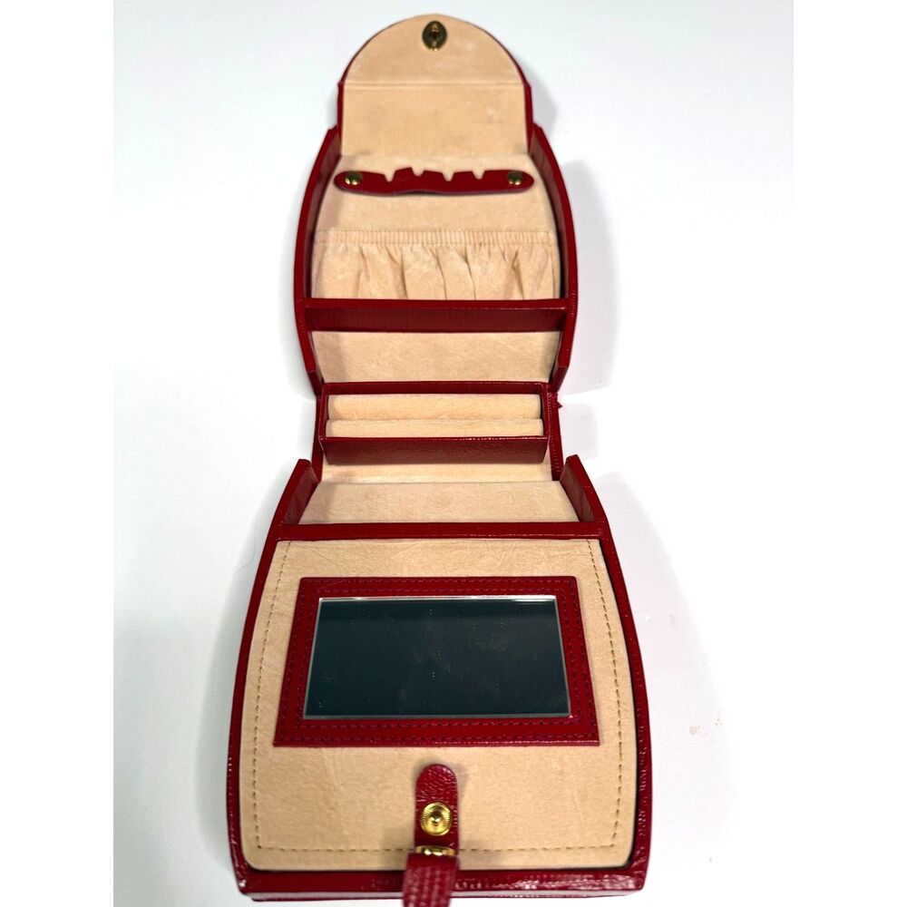 Vintage Red Lizard Embossed Jewelry Train Case Vanity Box Mirror Gold Tone EUC